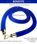 Blue Velvet Stanchion Rope With Polished Gold Hooks 4 Pack Crowd Control Barrier Ropes showing flexibility and hook detail