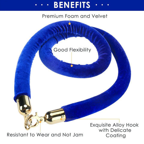 Blue Velvet Stanchion Rope With Polished Gold Hooks 4 Pack Crowd Control Barrier Ropes showing flexibility and hook detail