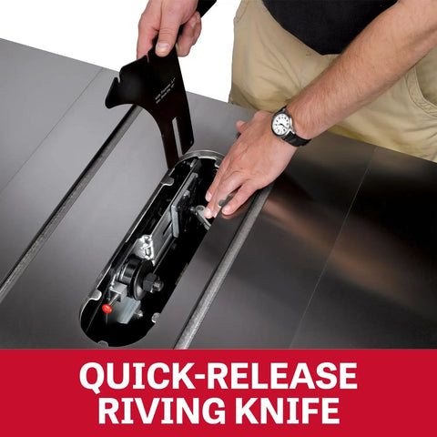 Quick-release riving knife adjustment on Heavy Duty 10 Inch Table Saw Pumping Out 3 Hp At 230 V with cast iron wings.