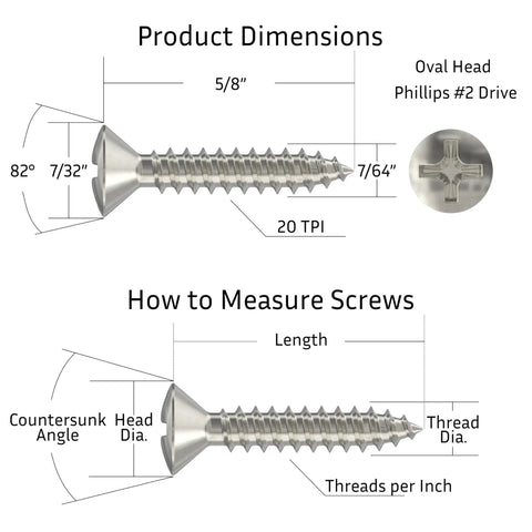 #5 X 5/8 Inch Nickel Oval Head Phillips Wood Screws Pack Of 25 Self Tapping Steel Fasteners dimensions and measurement guide.
