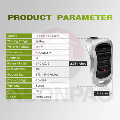 Two Pack G3T R Garage Door Remote Replacements For Genie And Overhead Door Openers, product parameters shown with remote