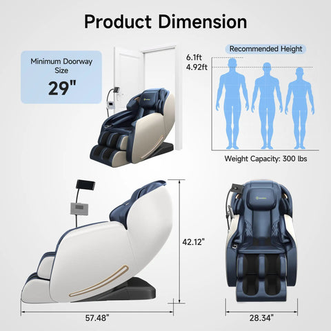 Dimensions of Full Body Massage Chair With Phone Controller And Heart Health Readout Zero Gravity 3D SL Track Recliner in Blue