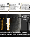 Installation instructions for Two Pack Wall Mount Jack Stand Organizer For 2 And 3 Ton Jacks with drill and wall anchor.