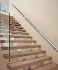 Get Grip Of Safety With This Badass Stainless Steel Hand Rail Grab Bar Designed For Outdoor Steps Decks And Porches Wall Mounted And Rock Solid Construction Allows Custom Lengths Up To 18 Feet Make Sure Your Walkway Is Secure With Heavy Duty Metal mounted on modern stairs with wooden steps.