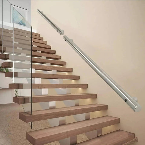 Get Grip Of Safety With This Badass Stainless Steel Hand Rail Grab Bar Designed For Outdoor Steps Decks And Porches Wall Mounted And Rock Solid Construction Allows Custom Lengths Up To 18 Feet Make Sure Your Walkway Is Secure With Heavy Duty Metal mounted on modern stairs with wooden steps.