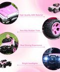 Collage showing details of Pink Remote Control Car For Girls 1:16 Scale With Doll And Sticker Pack, showcasing headlights, tires, and material.