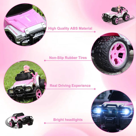 Collage showing details of Pink Remote Control Car For Girls 1:16 Scale With Doll And Sticker Pack, showcasing headlights, tires, and material.