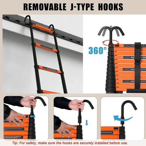 12.5 Foot Telescoping Ladder With Quick Folding Mechanism, Aluminum Extension Ladder For RV Home And Outdoor Use, 330 Lb Max Load, Lightweight Portable Orange, Easy One Step Fold In Seconds, Safe Anti Pinch Design removable J-type hooks and 360° swivel