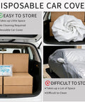 Four Pack Disposable Plastic Car Covers With Elastic Band Universal Indoor Garage Shield For Sedans And SUVs Clear Rain Dust Protection 12.5 By 21.6 Feet Each showing easy storage packaging and installed cover on car