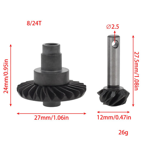 Beefed Up Overdrive Diff Gear Set 8T-24T for Axial SCX10 II III PRO AR44 AR45 Axles, CNC machined steel, dimensions shown