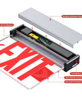 Red LED Edge Lit Exit Sign UL Listed With Battery Backup In Brushed Aluminum Housing Single Sided Clear Acrylic Emergency Exit Light For Hardwired AC 120 347V Top Side Or Wall Mount 1 Pack, showing internal battery and wiring details