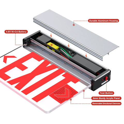 Red LED Edge Lit Exit Sign UL Listed With Battery Backup In Brushed Aluminum Housing Single Sided Clear Acrylic Emergency Exit Light For Hardwired AC 120 347V Top Side Or Wall Mount 1 Pack, showing internal battery and wiring details