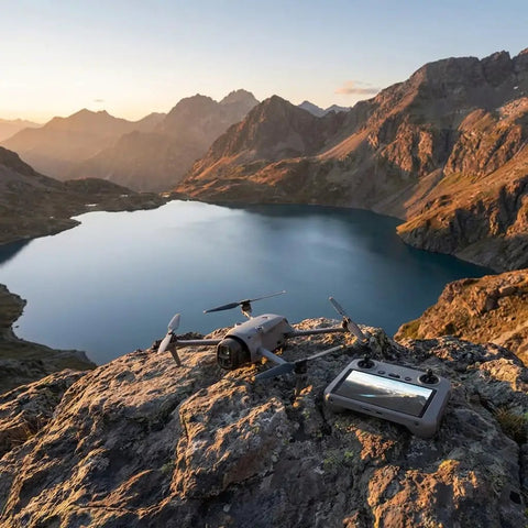 Mavic 4 Pro Drone Fly More Combo Bundle for Creators on rocky terrain capturing lake and mountain view at sunset.