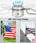 Premium Aircraft Grade Aluminum Flag Pole Rings With Smooth 360 Anti Wrap Swivels And Tough As Nails Carabiner Clip Built For Standard One Inch Flag Poles Easy Install Silver Two Pack on display with flags.