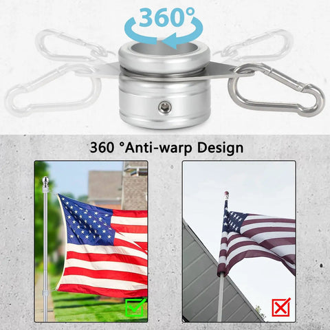 Premium Aircraft Grade Aluminum Flag Pole Rings With Smooth 360 Anti Wrap Swivels And Tough As Nails Carabiner Clip Built For Standard One Inch Flag Poles Easy Install Silver Two Pack on display with flags.