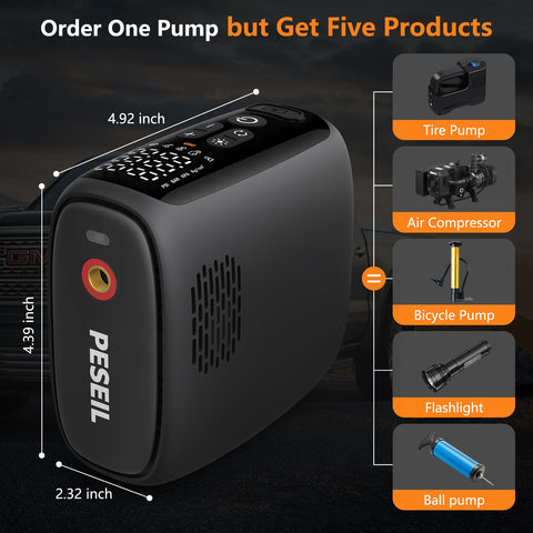 Order one pump, get five products with Portable Tire Inflator Air Compressor 150 PSI With 28 Cylinder 12V Motor.