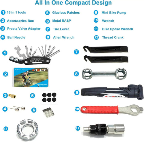 All In One Bike Repair Kit With Mini Pump And 16 In 1 Tool Tire Levers Patch Kit Spoke Wrench And Portable Storage Box components