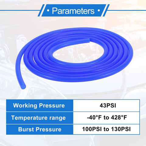 Blue Silicone Vacuum Tubing Hose For Automotive Use 10 Feet Long Three Sixteenth Inch Inner Diameter Two Millimeter Wall Thickness Beefed Up High Temp Boost Turbo Line For Cars Trucks Marine And Aircraft 130 PSI Max coiled on engine background.