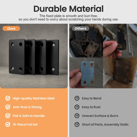 Comparison of Beefy Black Metal Flat Brace Set 16 Pcs with 64 Stainless Steel Screws and rusted metal brackets for wood fixing.