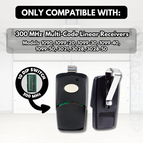 Single Channel 300MHz Multi Code Garage Door Remote Replacement Clicker For 1090 1099 3021 3028 Receivers 10 Dip Switch Compatible Black Grab And Go Ultra Lightweight Pocket Sized Remote For Easy One Hand Operation