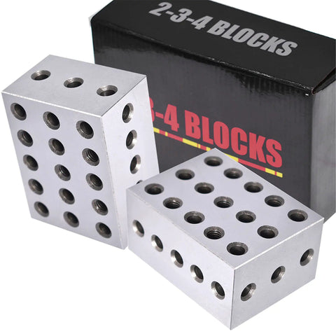 Dead Nuts Accurate Matched Pair Two Three Four Inch Machinist Setup Blocks With.0003 Tolerance in hard steel with 23 holes.