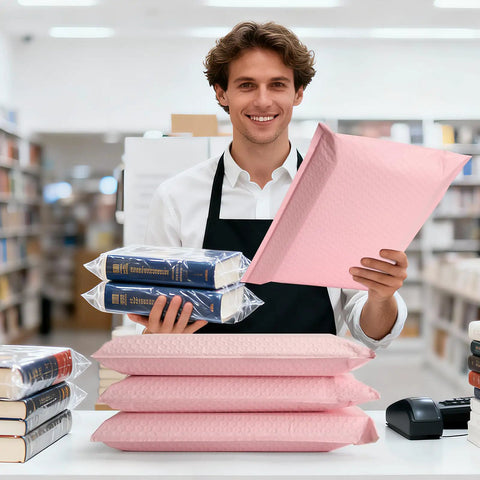Man holding Bubble Mailers 10x13 Inch Light Pink 25 Pack Opaque Padded Envelopes for Clothing Books Makeup and Accessories at a counter