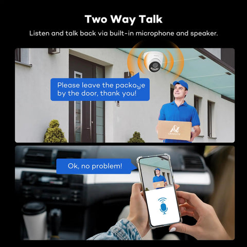 Image of 6K 12MP PoE IP Security Camera With Two Way Talk And Smart AI Human Vehicle Detection enabling remote communication.