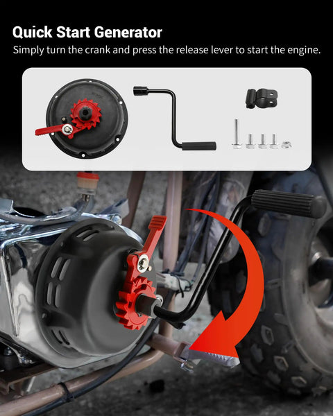 Easy Install Pull Start Recoil Starter Assembly for Predator 212 and Coleman 200cc Mini Bikes shown installed on bike