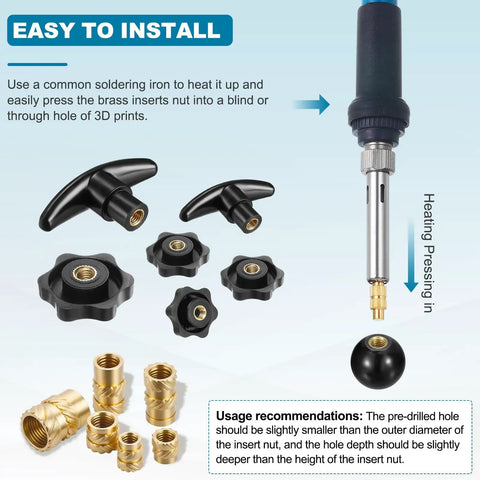 Heat Set Threaded Inserts Kit With Soldering Iron Tip Press Tool shown with brass inserts and handles.