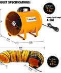 Heavy Duty Cylinder Fan With 25 Foot Vinyl Hose 8 Inch Portable Blower For Crawl Spaces Attics And Basements 1100 CFM Direct Airflow