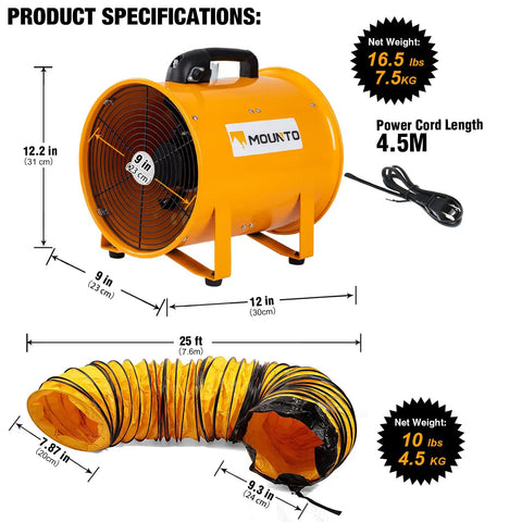 Heavy Duty Cylinder Fan With 25 Foot Vinyl Hose 8 Inch Portable Blower For Crawl Spaces Attics And Basements 1100 CFM Direct Airflow