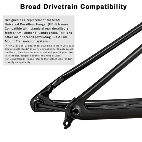 Beefy Universal Derailleur Hanger Replacement For SRAM UDH With CNC Aluminum Body And Reverse Thread Bolts, frame compatibility info