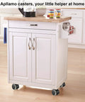 4-pack 2-inch caster wheels on white kitchen island cart with wooden top and grey casters