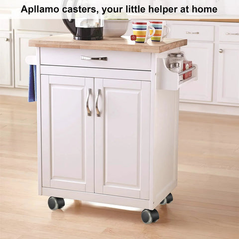 4-pack 2-inch caster wheels on white kitchen island cart with wooden top and grey casters