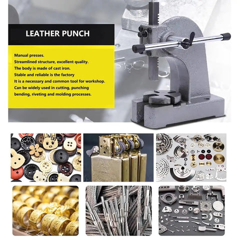 Tough As Nails Heavy Duty Desktop Arbor Press Featuring Solid Steel Lever Assembly for leather punching and bending projects.