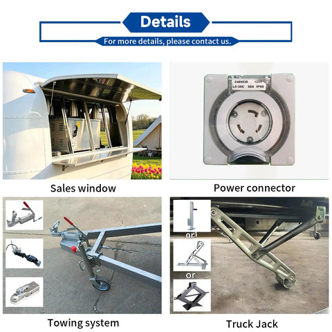 Close-up of the sales window and power connector of the 13 Foot White Mobile Catering Trailer Turnkey Commercial Food Truck With Fully Equipped Kitchen Setup Dot Approved.