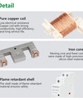 Top Shelf 25A AC Contactor 2NO 2 Pole 120V Coil DIN Rail Mount detail showing pure copper coil, iron core, and flame-retardant shell.