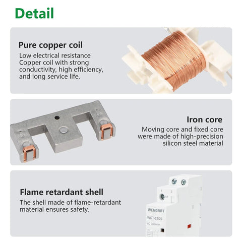 Top Shelf 25A AC Contactor 2NO 2 Pole 120V Coil DIN Rail Mount detail showing pure copper coil, iron core, and flame-retardant shell.