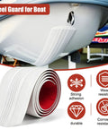Heavy Duty Boat Keel Guard For Fiberglass And Aluminum Hulls Self Adhesive Strip shown mounted on a boat's hull, showcasing bright white design.