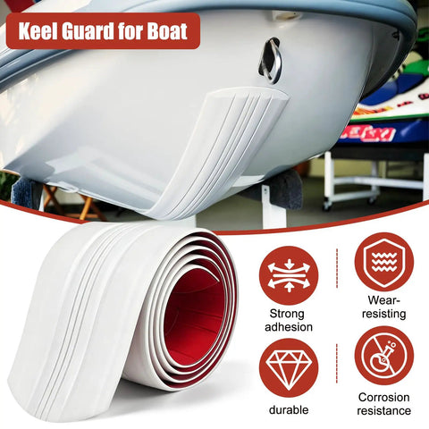 Heavy Duty Boat Keel Guard For Fiberglass And Aluminum Hulls Self Adhesive Strip shown mounted on a boat's hull, showcasing bright white design.