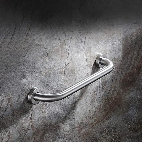 Heavy Duty Stainless Steel Bathroom Safety Grab Bar With A Tight No Slip Grip For Shower Or Tub Ada Compliant Beefy Handrail Support For Seniors Fly Brushed Finish Eighteen Inch Rig mounted on stone wall.
