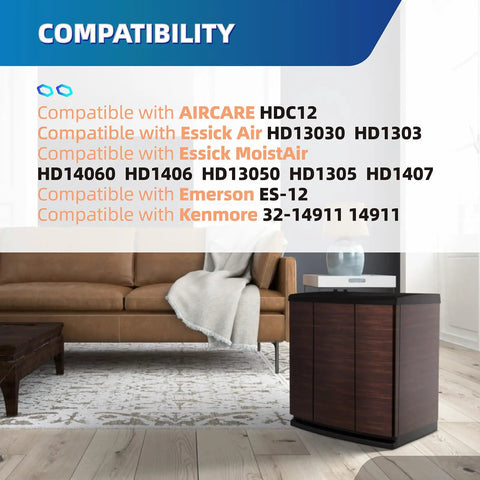 Compatibility chart for humidifiers, showing replacement HDC12 humidifier wick filters ES12 4 pack fits various models in a living room.