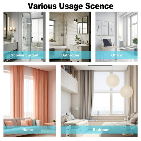 Self Adhesive Curtain Track For No Drill Ceiling Or Wall Mount 9.8 Ft Curtain Rail shown in bathroom, office, home, bedroom