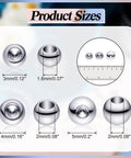 120 Pcs Memory Wire End Caps Set In Stainless Steel, Half Drilled Cord End Beads 3mm 4mm 5mm For Bracelets, Necklaces, Earrings, DIY Jewelry Making, Silver shown with size dimensions