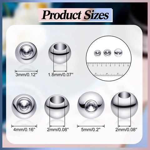 120 Pcs Memory Wire End Caps Set In Stainless Steel, Half Drilled Cord End Beads 3mm 4mm 5mm For Bracelets, Necklaces, Earrings, DIY Jewelry Making, Silver shown with size dimensions