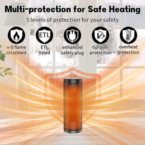 Portable Space Heater With Remote Control, 17 Inch 1500W PTC Ceramic Heater, multi-protection features visible