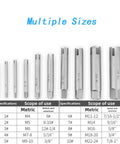 10 Piece Screw Tap Extractor Set For Stripped Screws And Bolts With 3 And 4 Flute High Speed Steel Remover Kit shown in multiple sizes and specifications.