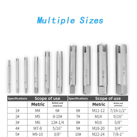 10 Piece Screw Tap Extractor Set For Stripped Screws And Bolts With 3 And 4 Flute High Speed Steel Remover Kit shown in multiple sizes and specifications.