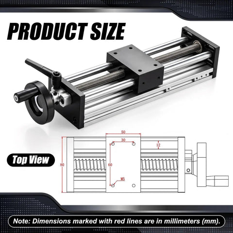200mm Travel Manual Linear Stage With Locking Handwheel For Do It Yourself CNC And Laser Modules Precision Pro Grade Trapezoidal Lead Screw Industrial Linear Bearings And Rails For Accurate Motion Control, top view with dimensions