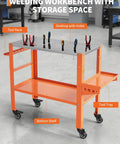 Robust Mobile Welding Workbench Featuring Perforated Steel Top And Easy Rollin Casters 36 Inch Heavy Duty Shop Table with tool rack and storage.